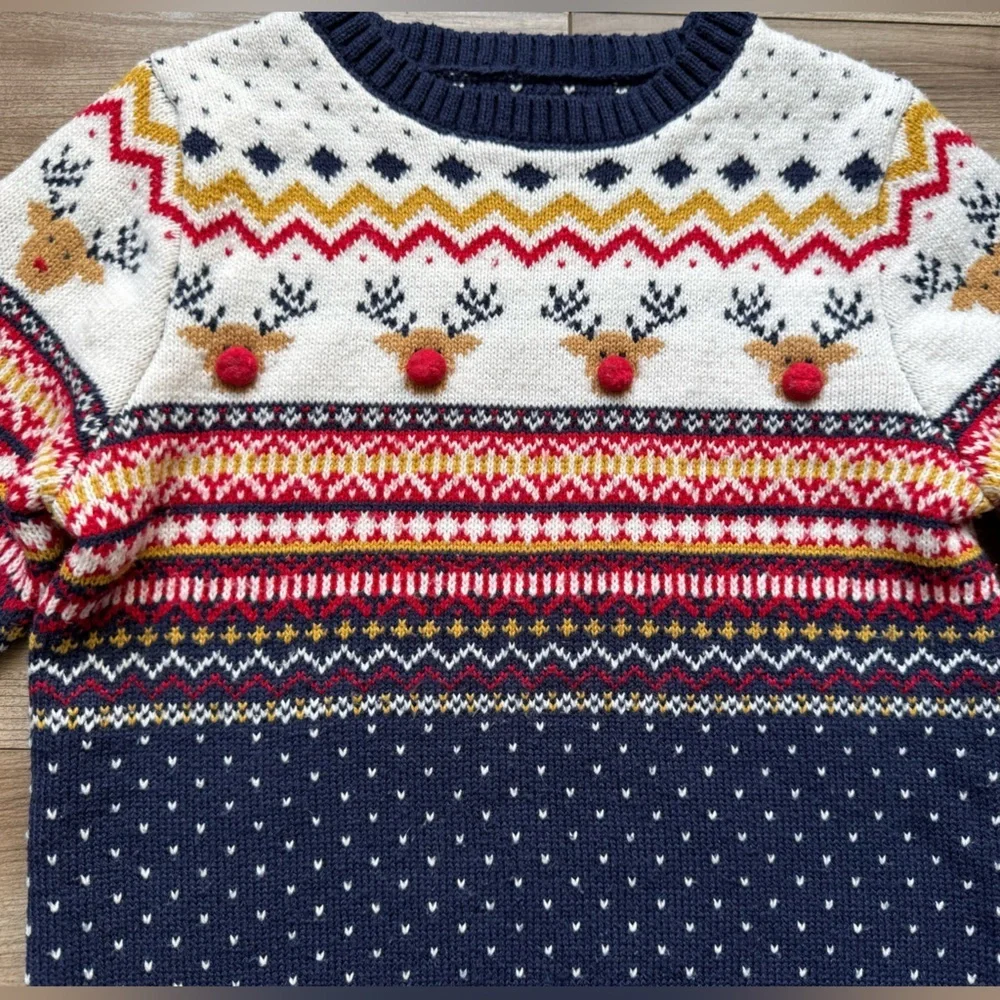 F&F reindeer pattern Christmas jumper knit sweater EUR 7-8Y navy